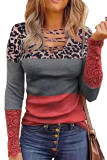 Red Lace Splicing Hollow-out Leopard Color Block Top