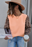 Coral Leopard Splicing Smocked Cuff Puff Long Sleeve Top