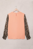 Coral Leopard Splicing Smocked Cuff Puff Long Sleeve Top