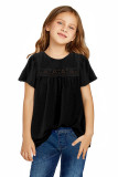 Black Swiss Dot Print Hollow Out Girl's T-shirt
