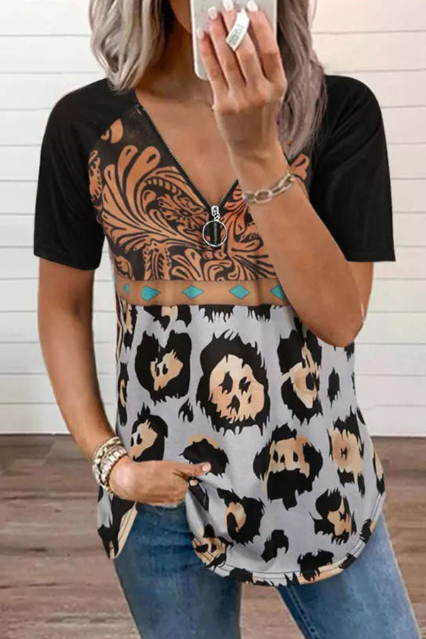 Leopard Pattern Patchwork Zip-up V Neck Short Sleeve T-shirt