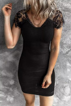 Black Lace Sleeve Ribbed Mini Dress
