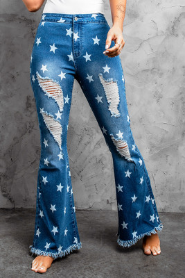 Star Print Distressed Raw Hem Flare Jeans