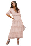 Pink Swiss Dot Print See-through Lace Patch Layered Long Dress