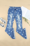 Star Print Distressed Raw Hem Flare Jeans