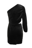 Black One Shoulder Bubble Shoulder Cut-out Bodycon Mini Dress