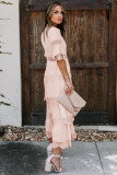 Pink Swiss Dot Print See-through Lace Patch Layered Long Dress