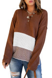 Brown Splicing Buttoned Knitted Long Sleeve Sweater