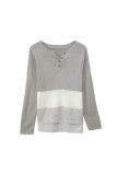 Gray Splicing Buttoned Knitted Long Sleeve Sweater