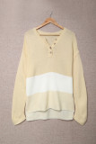 Khaki Splicing Buttoned Knitted Long Sleeve Sweater