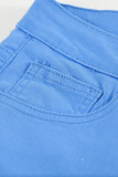 Sky Blue Plain High Waist Buttons Frayed Cropped Denim Jeans