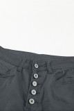 Gray Plain High Waist Buttons Frayed Cropped Denim Jeans