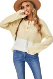 Khaki Splicing Buttoned Knitted Long Sleeve Sweater