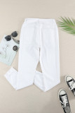 White Plain High Waist Buttons Frayed Cropped Denim Jeans