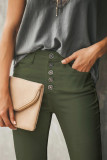 Green Plain High Waist Buttons Frayed Cropped Denim Jeans