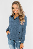 Blue Heathered Turn-down Collar Pullover Sweatshirt