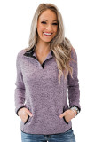 Purple Heathered Turn-down Collar Pullover Sweatshirt