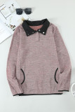 Pink Heathered Turn-down Collar Pullover Sweatshirt