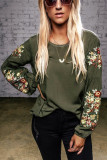 Green Floral Embroidery Long Sleeve Top