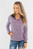 Purple Heathered Turn-down Collar Pullover Sweatshirt