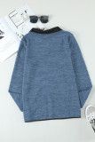Blue Heathered Turn-down Collar Pullover Sweatshirt