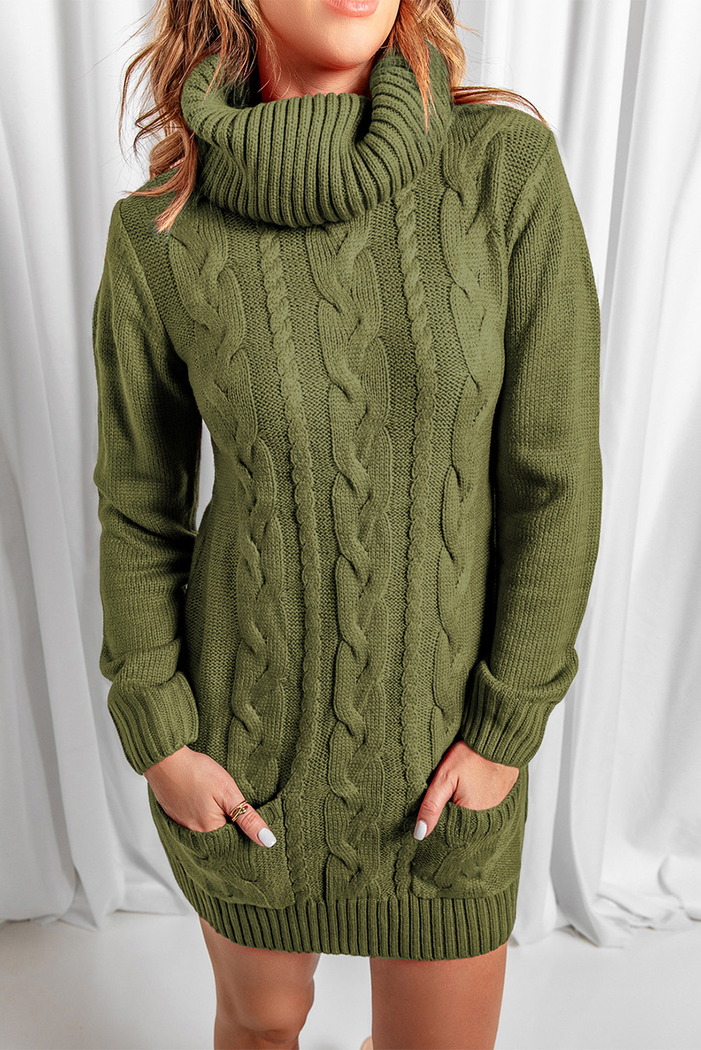 cowl neck cable knit sweater dress US$ 28.73 - Olive Aran dress