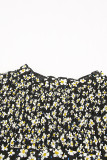 Black Floral Print Smocked Ruffled V Neck T-shirt