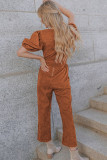 Brown Tie Knot Puff Sleeve Straight Leg High Rise Jumpsuit