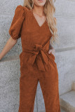Brown Tie Knot Puff Sleeve Straight Leg High Rise Jumpsuit