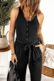 Black Buttons V Neck Slim-fit Lace-up High Waist Jumpsuit