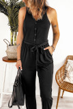 Black Buttons V Neck Slim-fit Lace-up High Waist Jumpsuit