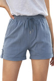 Blue Elastic Waistband Pocket Drawstring Shorts with Button