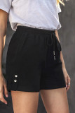 Black Elastic Waistband Pocket Drawstring Shorts with Button