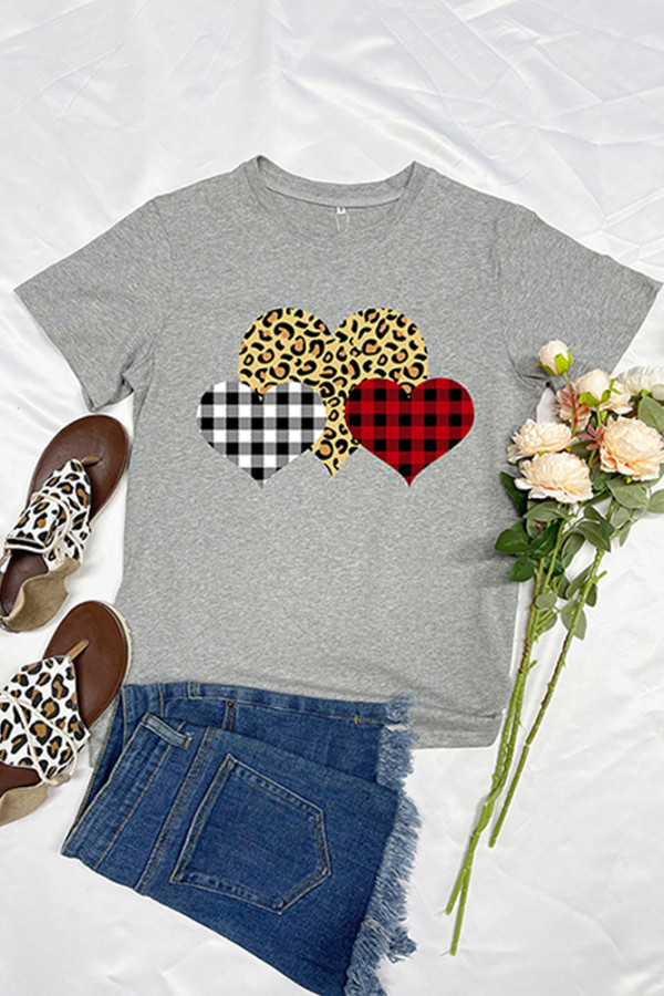 Grey Plaid Leopard Heart Valentine's Day Top Graphic Tee Unishe Wholesale