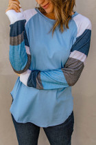 Color Block Long Sleeves Blue Pullover Top