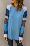 Color Block Long Sleeves Blue Pullover Top