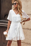 White Swiss Dot Ruffle Hem Short Dress