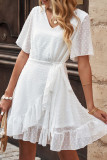 White Swiss Dot Ruffle Hem Short Dress