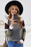 Color Block Long Sleeves Gray Pullover Top