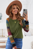 Color Block Long Sleeves Green Pullover Top