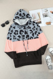 Plus Size Leopard Colorblock Splicing Hoodie with Pocket