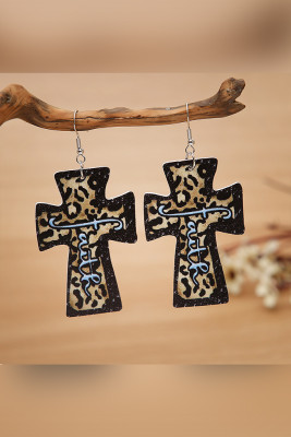 Leopard Faith Print Cross PU Earrings Unishe Wholesale MOQ 5pcs