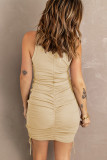 Apricot Ribbed Drawstring Ruched Mini Dress with Slit