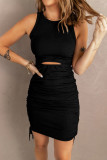 Black Ribbed Drawstring Ruched Mini Dress with Slit