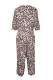 Leopard Print Cut-out Half Sleeve Plus Size Jumpsuit