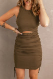 Brown Ribbed Drawstring Ruched Mini Dress with Slit