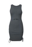 Black/Grey/Brown/Apricot Ribbed Drawstring Ruched Mini Dress with Slit