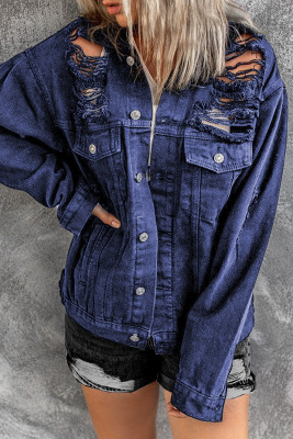 Blue Distressed Buttons Chest Pockets Denim Jacket