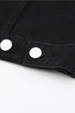 Black Distressed Buttons Chest Pockets Denim Jacket