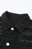 Black Distressed Buttons Chest Pockets Denim Jacket